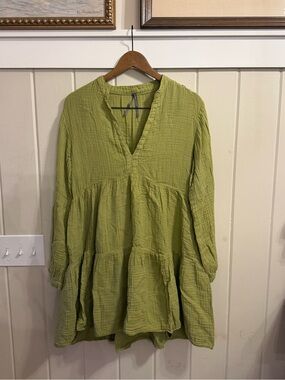 Anthropologie Sage Green Long Sleeve Gauze Babydoll Dress, Size Small
